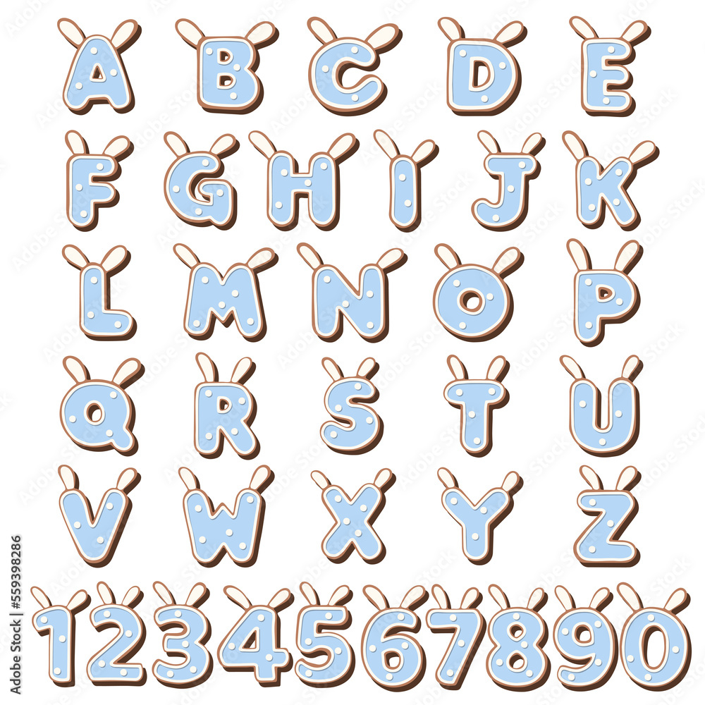 Christmas gingerbread font in the shape of the letter with rabbit ears, white blue glaze, polka dots Christmas gingerbread font in the shape of the letter with rabbit ears, white blue glaze, polka dots