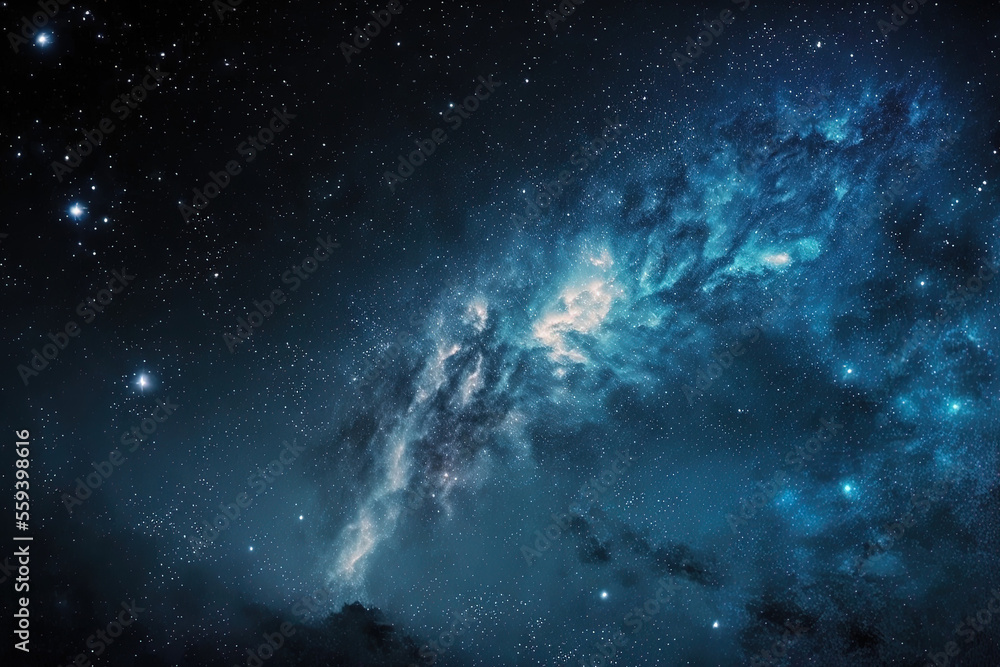 a flash of light in the night sky Sky filled with stars and a brilliant blue galaxy in the backdrop. Generative AI a flash of light in the night sky Sky filled with stars and a brilliant blue galaxy in the backdrop. Generative AI