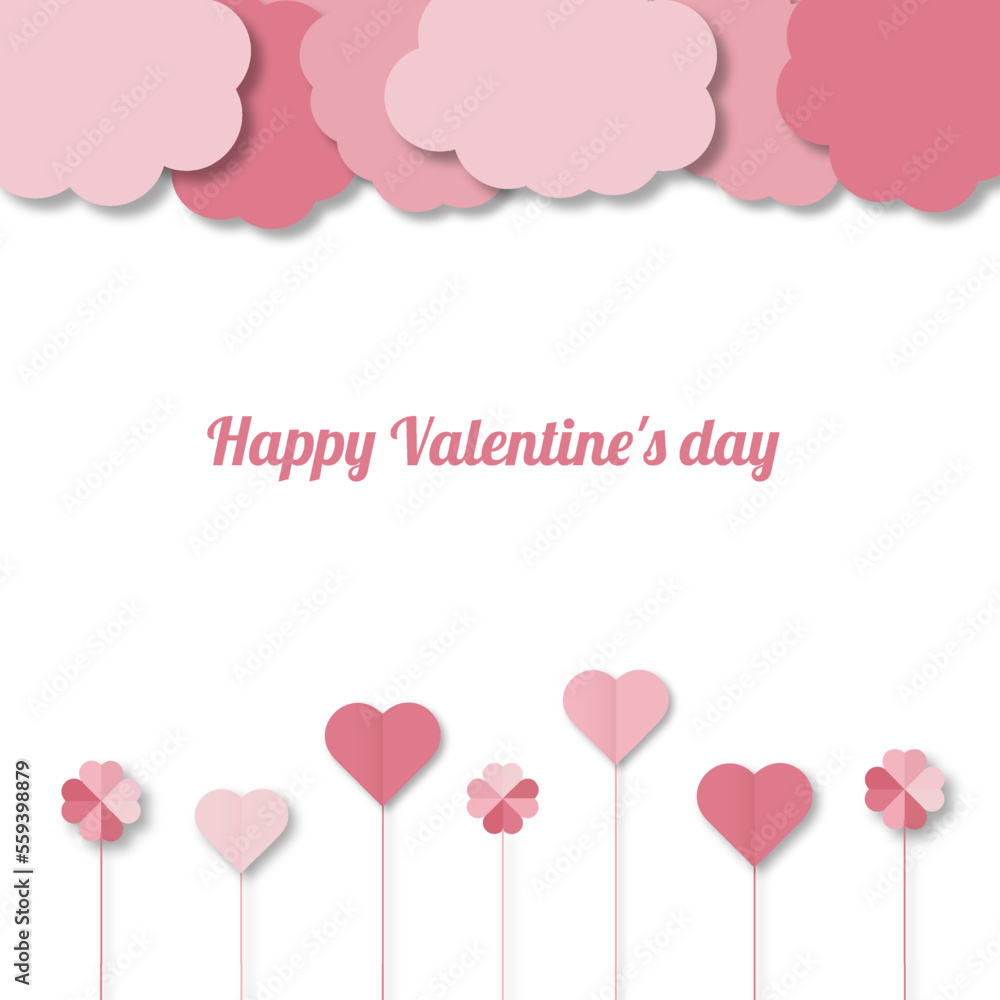 Happy Valentine's day card with paper cut hearts, flowers.