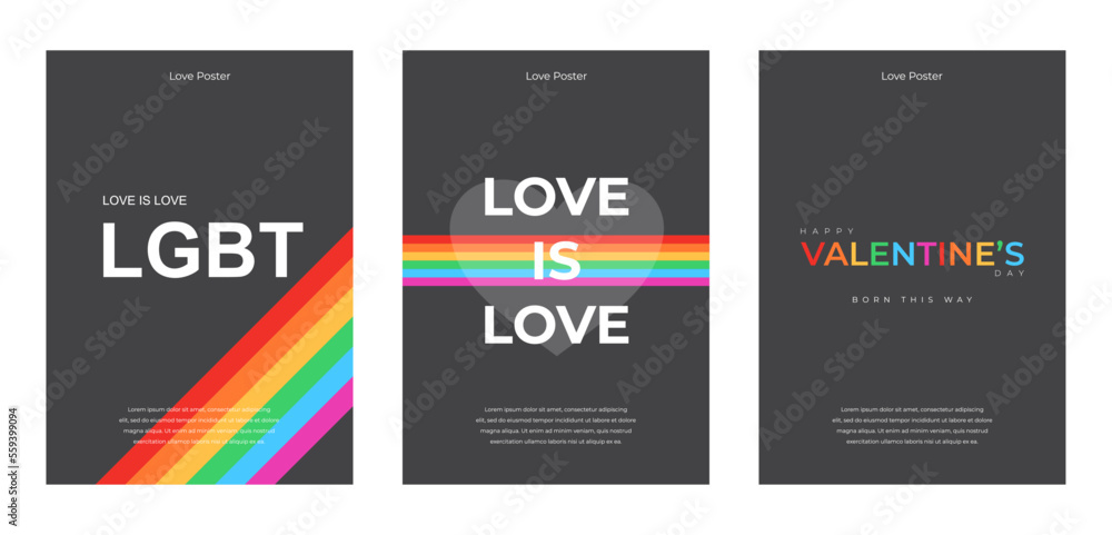 LGBT poster set. Happy valentine's day cover on black background. Social media post template design. Colorful rainbow banner for lgbt community event vector illustration