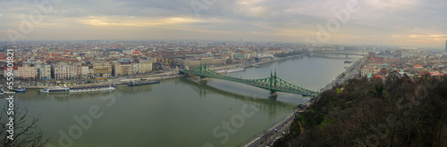 Budapest panoramic view of freedom bridge in a winter cloudy sunrise, Hungary