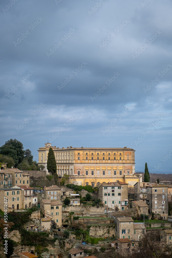 Landscape of the old town of Caprarola with the ancient buildings Palazzo Farnese or Villa Farnese. Caprarola, Viterbo, Lazio, Italy, Europe.