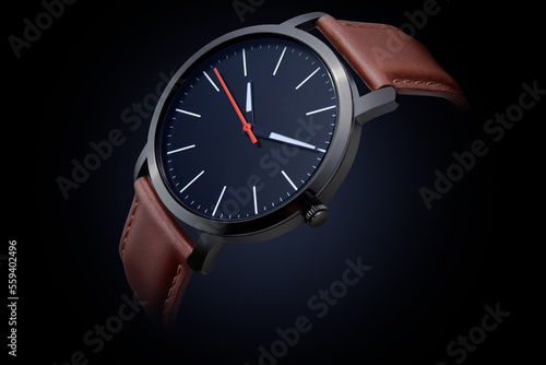 Wallpaper Mural Slim Black wrist watch with Brown leather strap and the unnumbered dial face  Torontodigital.ca