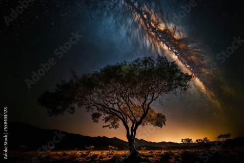 a tree's shadow and the milky way in Phu Hin Rong kla National Park. Generative AI © 2rogan