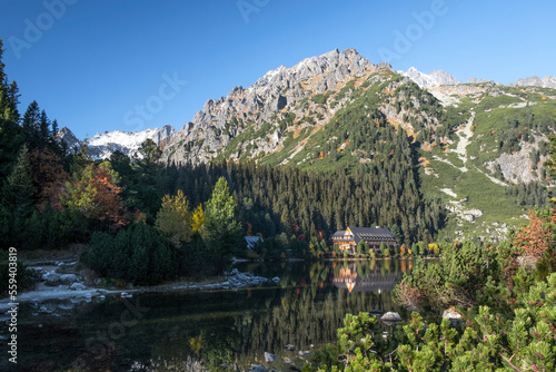 Poprad Lake with autumn forests from the hiking trail in High Tatras National Park  Slovakia