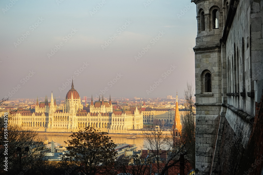 Budapest Parliament from Fisherman Bastion at the sunset, Hungary