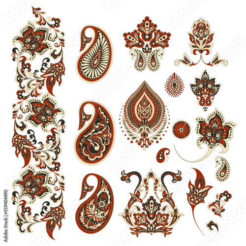 Vector set of isolated elements paisley, flowers and leaf for you own design