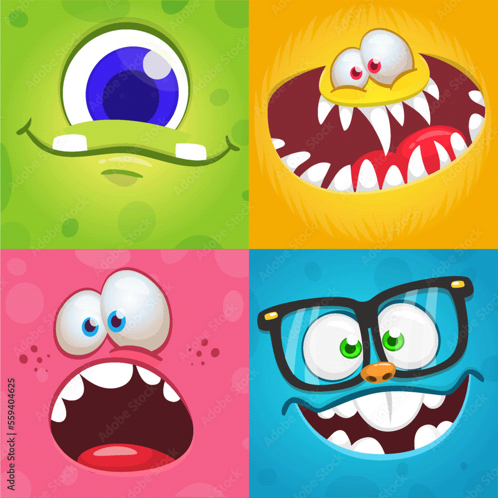 Funny cartoon monster faces. Illustration of  alien different expression. Halloween design. Great for party decoration or package design