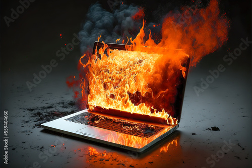 Illustration of a burning laptop. Generative AI.