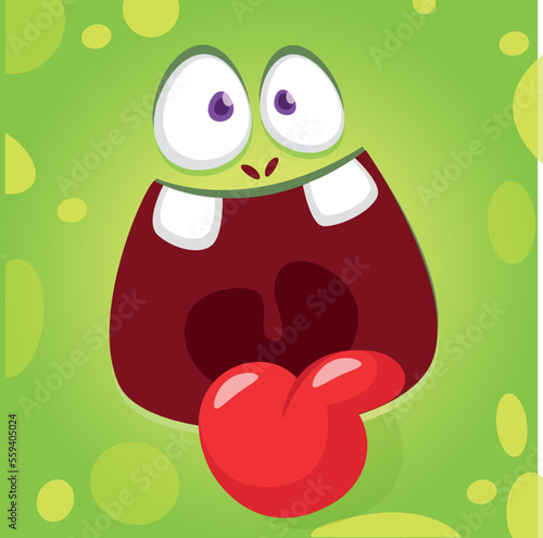 Funny cartoon monster character face expression showing long tongue. Illustration of cute and happy alien creature. Halloween design.