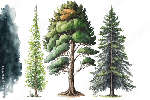 watercolor sketch of fir  pine  and shrub with separated natural features. Generative AI