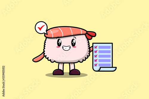 Cute cartoon Sushi shrimp character holding checklist note in concept flat cartoon style