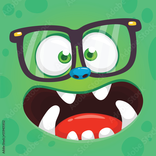 Funny cartoon monster character face expression wearing eyeglasses. Illustration of cute and happy alien creature. Halloween design