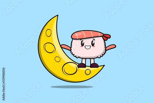 Cute cartoon Sushi shrimp character standing on the crescent moon in 3d modern design illustration