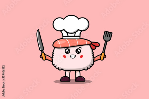 Cute cartoon Sushi shrimp chef character holding knife and fork in flat cartoon style illustration