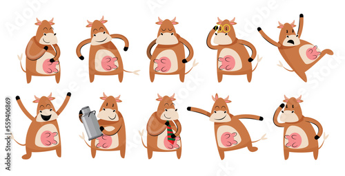 set of brown cow cartoon character vector illustration