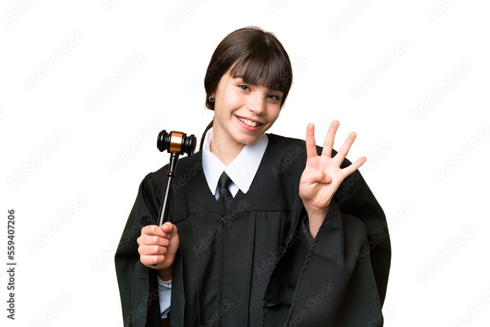 Little girl playing as a Judge over isolated background happy and counting four with fingers Little girl playing as a Judge over isolated background happy and counting four with fingers