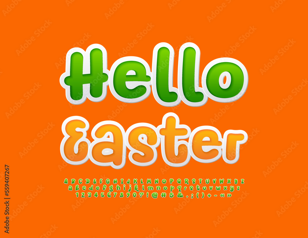 Naklejka premium Vector funny card Hello Easter. Green sticker Font. Playful style Alphabet Letters and Numbers set