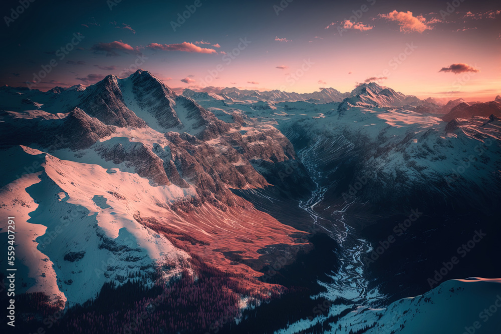 Beautiful aerial view of Switzerland's Fronalpstock Mountains with a pink and blue sky. Generative AI