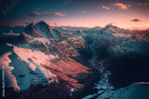 Beautiful aerial view of Switzerland's Fronalpstock Mountains with a pink and blue sky. Generative AI