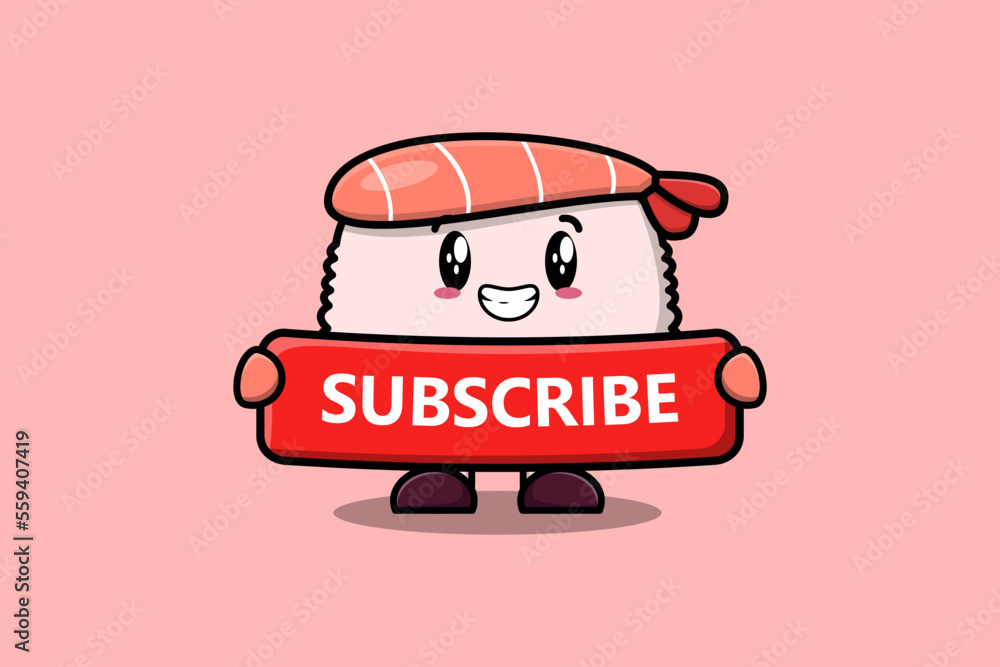 Cute cartoon Sushi shrimp character holding red subscribe board