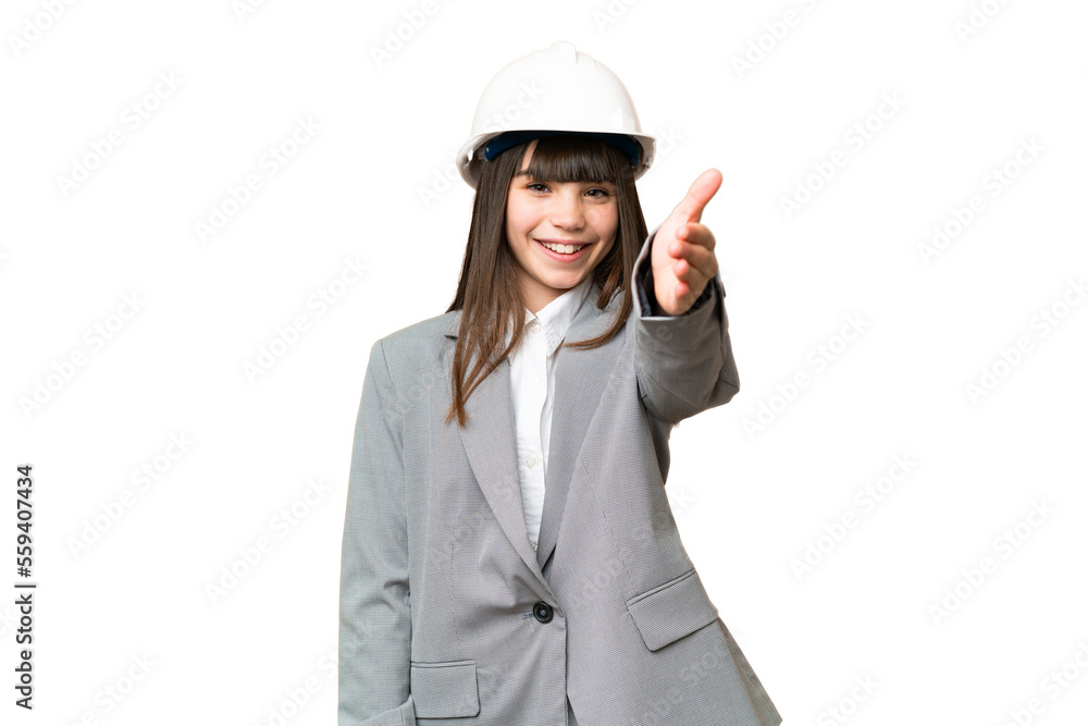 Little girl playing as a architect with helmet and holding blueprints over isolated background shaking hands for closing a good deal Little girl playing as a architect with helmet and holding blueprints over isolated background shaking hands for closing a good deal