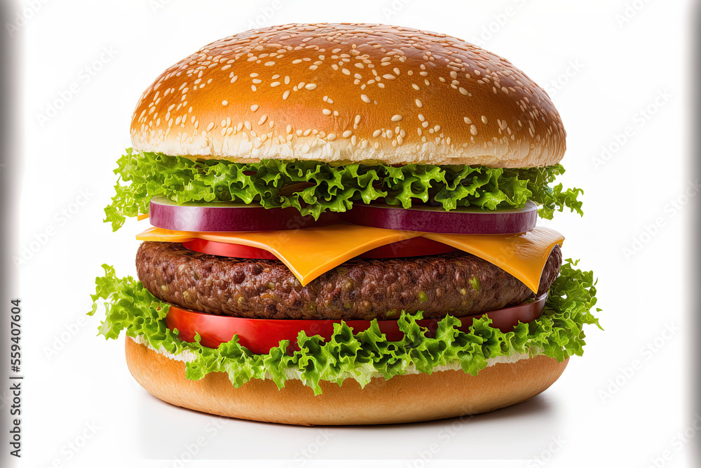 delicious, delectable burger, isolated on white. Generative AI delicious, delectable burger, isolated on white. Generative AI