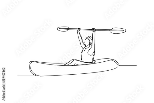 Continuous single one line drawing art of woman rowing canoe. Vector illustration of sport woman paddle kayak.