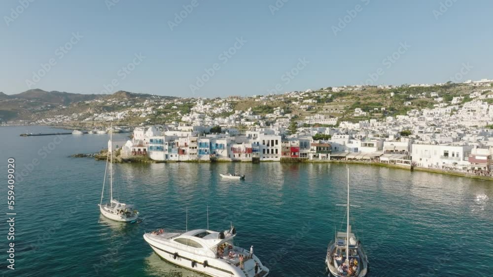Aerial of Little Venice with boats, Chora, Mykonos, Greece Aerial of Little Venice with boats, Chora, Mykonos, Greece