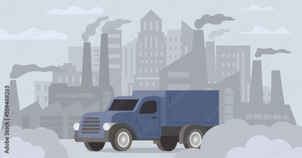 Truck air pollution.Road smog.Industrial carbon dioxide cloud. Polluted air environment at city.Atmospheric pollution.Bad urban environment.Contamination problem.Vector flat illustration.