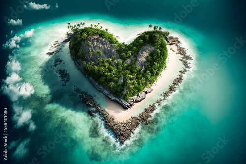 aerial view of heart-shaped paradise island, generative ai © ArgitopIA