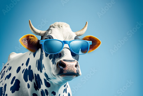 Fotografia Funny cow with sunglasses in front of blue studio background