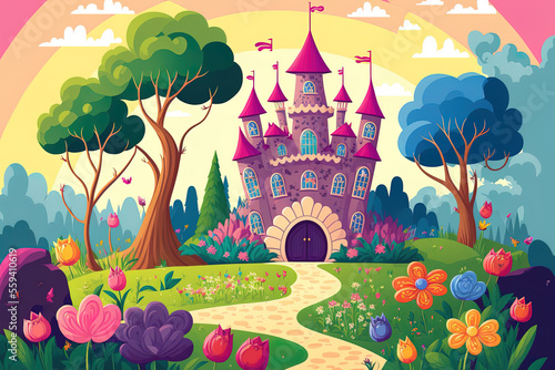 Background from a fairytale with a flower meadow. Wonderland. Children's cartoon illustration palace of the princess and rainbow. gorgeous scenery Beautiful roses and butterfly gardens or parks. Vecto