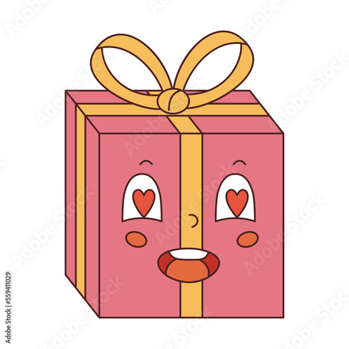 Vector gift box with heart shaped eyes in y2k style. Happy Valentines day. Retro pink present with yellow bow and ribbon. Gift character 70s.