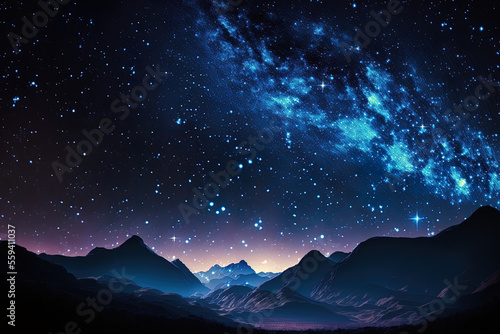 Background of the night sky with stars and mountains. Generative AI