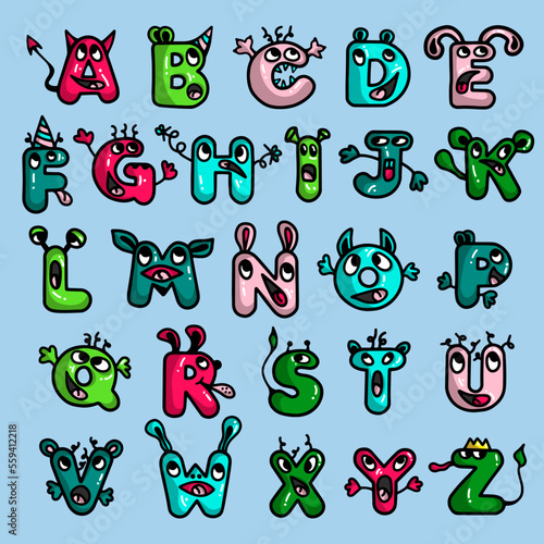 festive font, letters monsters with faces and emotions