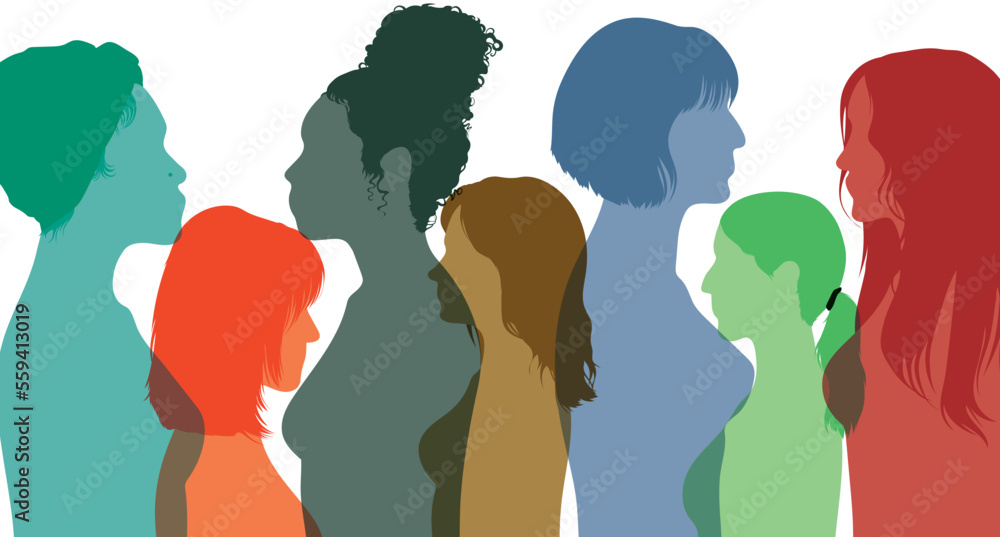 Community of female social networkers from different cultures. Get to know each other. Communication group of multi-ethnic women and girls. Flat vector illustration