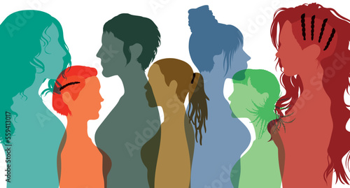 A profile of a female and her social network community. Communication and information sharing group for multi-ethnic and international women and girls. Diversity in friendship. Flat vector