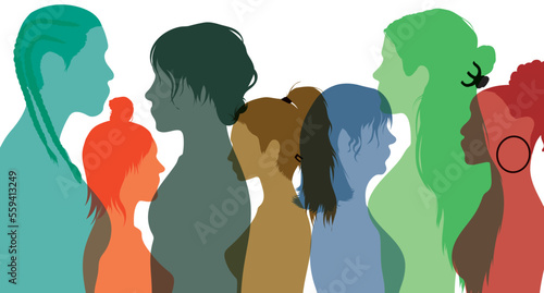 Women and girls of diverse cultures communicate and hang out. We're a group of multi-ethnic women who talk and share information. Community of women on social networks. Flat vector illustration