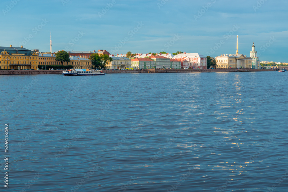 Panoramic view of the embankment of the Neva River in the city of St. Petersburg. Russia. Kunskamera