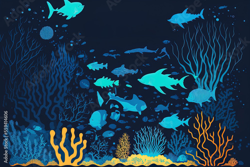 Background of the ocean. Landscape of marine life. world beneath the ocean. people who live in the ocean. outline of the ocean floor. undersea marine life. Background with a sea, bottom, and underwate