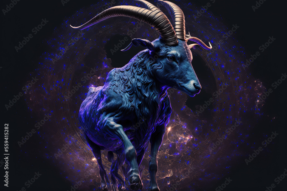 Graphic of goat. capricorn horoscope sign in twelve zodiac with galaxy