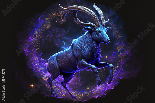 Graphic of goat. capricorn horoscope sign in twelve zodiac with galaxy background.  (ai generated) photo