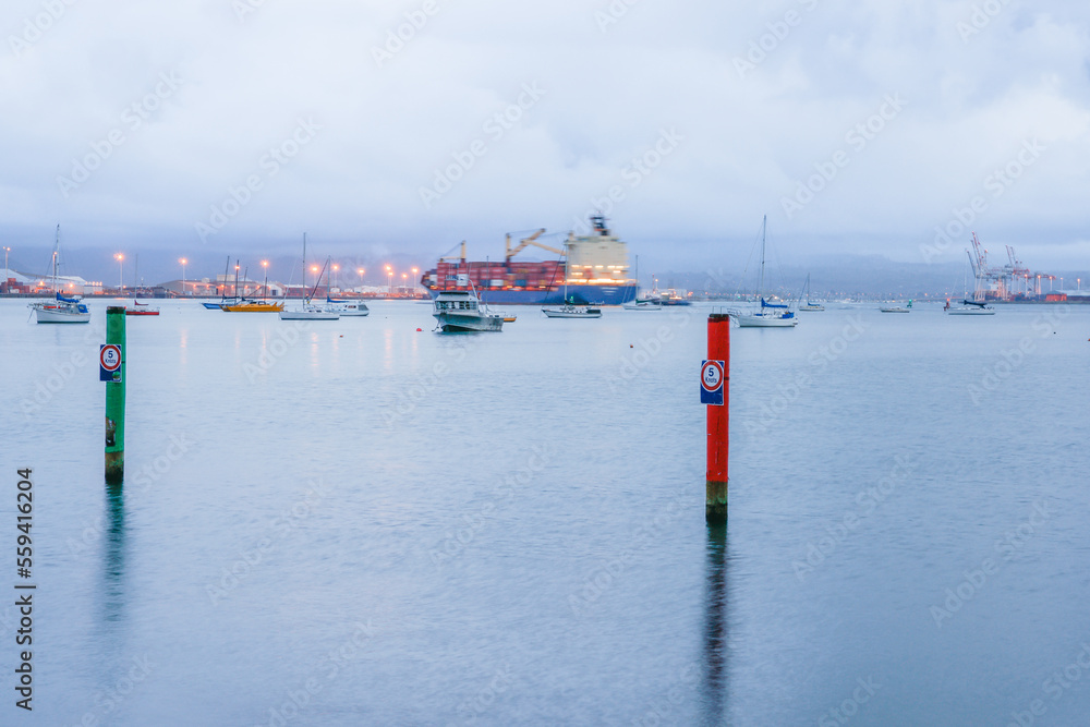 Five knot signs on boat ramp navigation poles with blurred image of container ship leaving port.