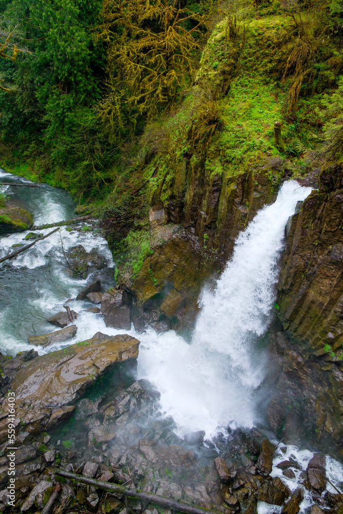 High angle view of Drift Creek Falls waterfall splashing, Oregon, USA High angle view of Drift Creek Falls waterfall splashing, Oregon, USA