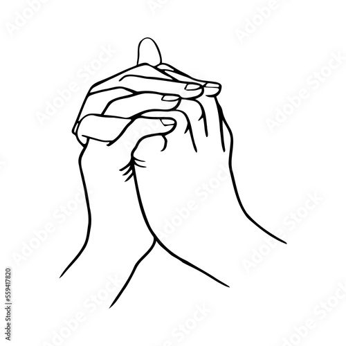 hands of two people intertwined with fingers - hand drawn vector doodle drawing of gentle interlacing hands of lovers