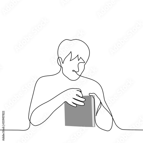 man opens book - one line drawing vector. concept reader or student