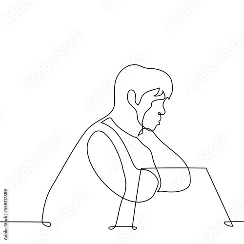 man sitting at the table pouting his lips - one line drawing vector. concept touchy person