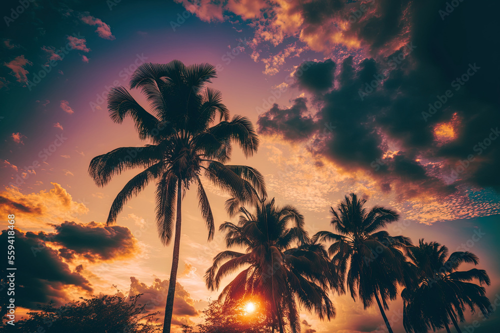 At sunset, tall palms and a beautiful sky with clouds. Generative AI
