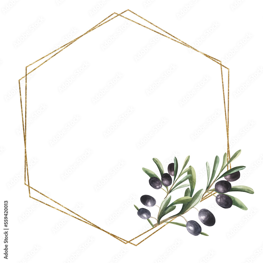 Watercolor floral illustration - olive leaf wreath, frame with gold ...